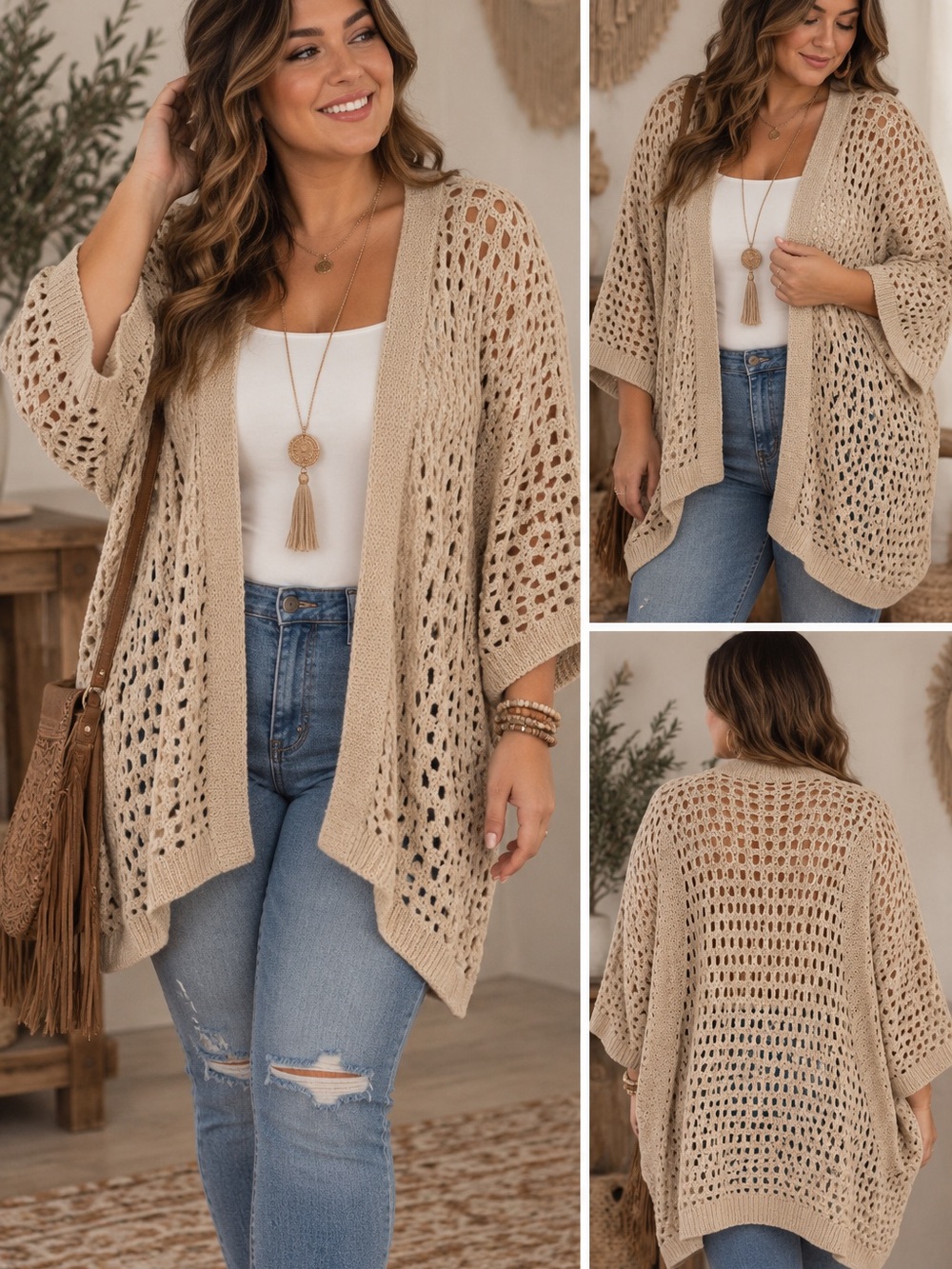 Beige Open-Knit Draped Crochet Cardigan Sweater